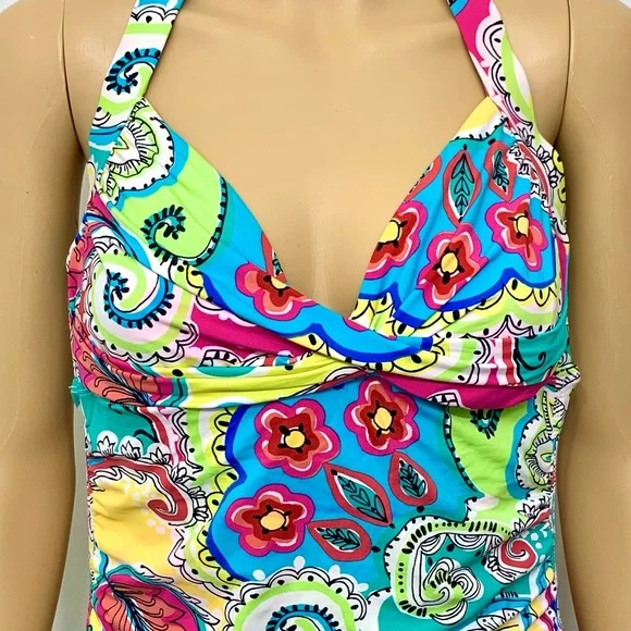 Anne Cole Multicolor Floral Paisley Tankini Halter Ruched Bikini Top size L - Picture 8 of 8